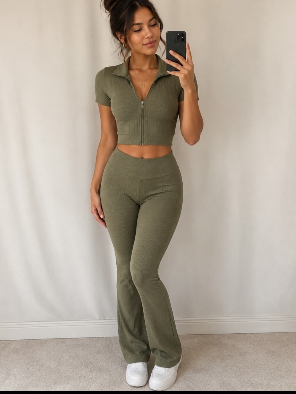 Olive Ribbed Flare Pants - Women's Stretch Lounge Pants